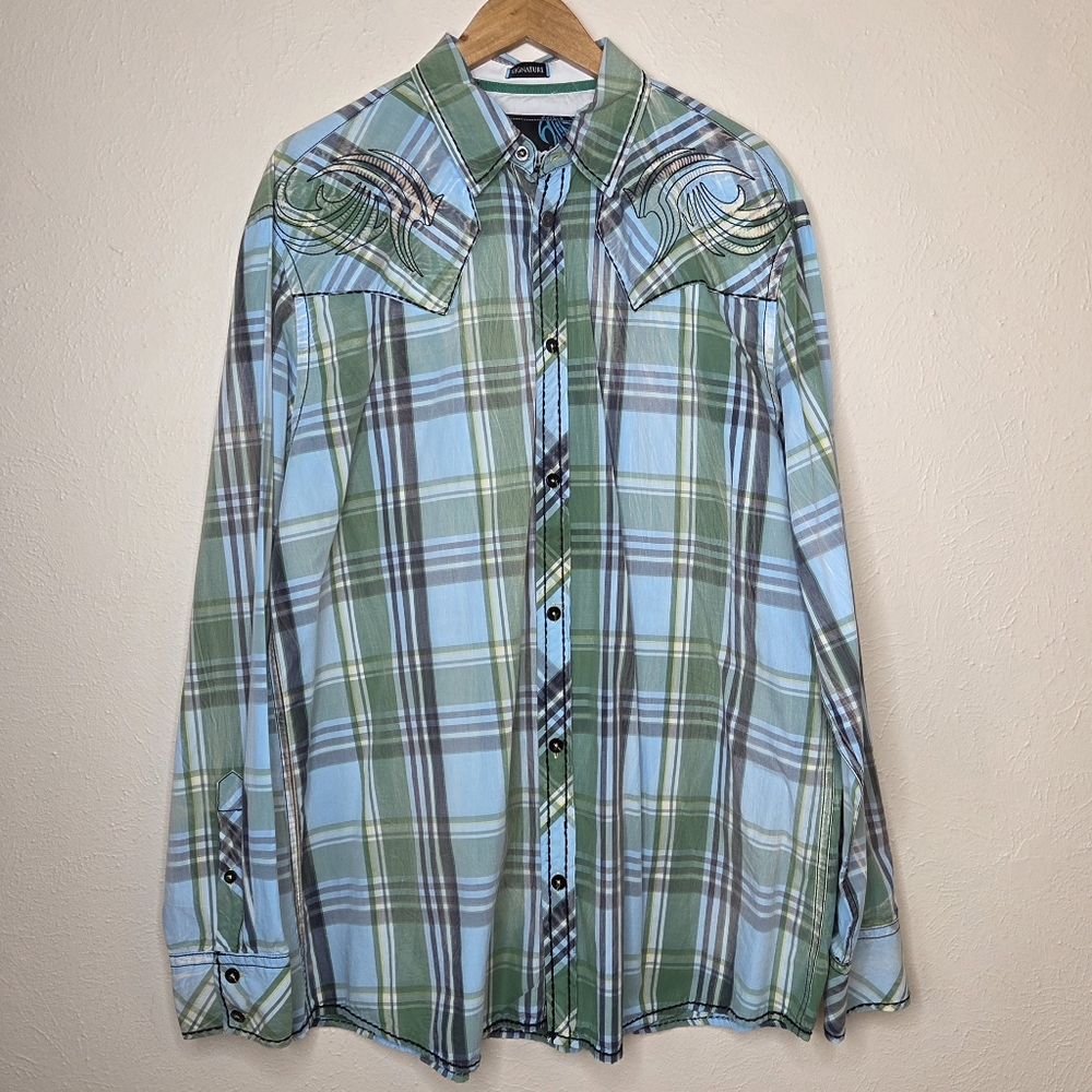 Roar Western Plaid Button Down Shirt Embroidered Back Y2K Rock Style XXL